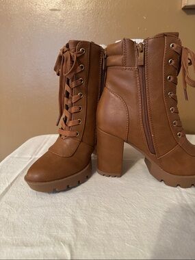 TOP Moda Brown Lace-Up Chunky Heel Ankle Boots